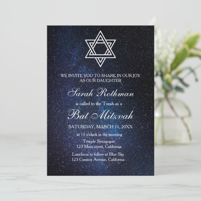 Convites Estrela de Davi Elegante Simples Bat Mitzvah Azul (Em pé/Frente)
