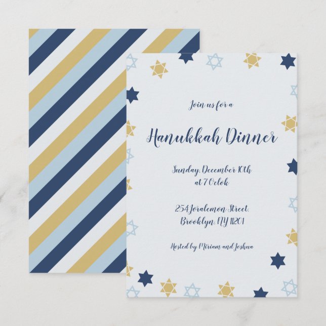 Convites Estrela de Davi | Janto Hanukkah azul e Dourado (Frente/Verso)