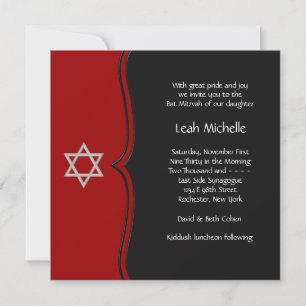 Convites Estrela de Davi Vermelha Preta Bat Mitzvah