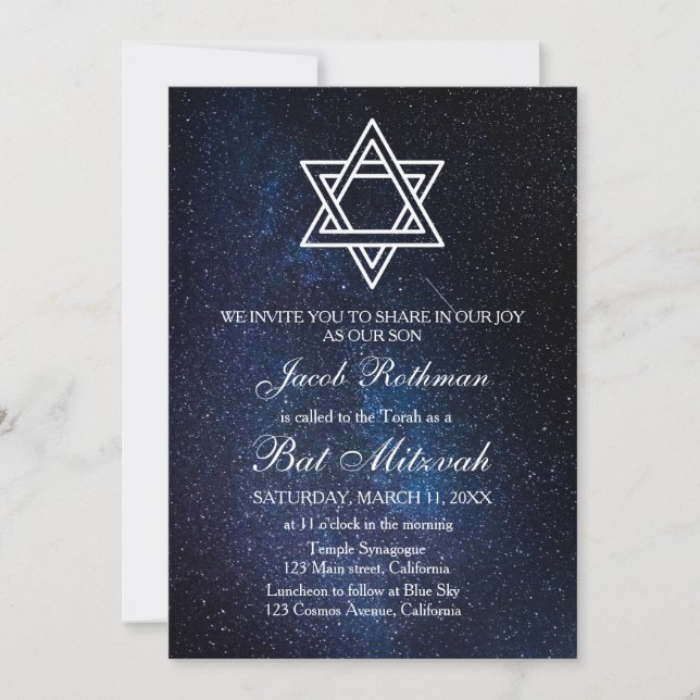 Convites Estrela de David Elegante Simples Azul Bat Mitzvah (Frente)