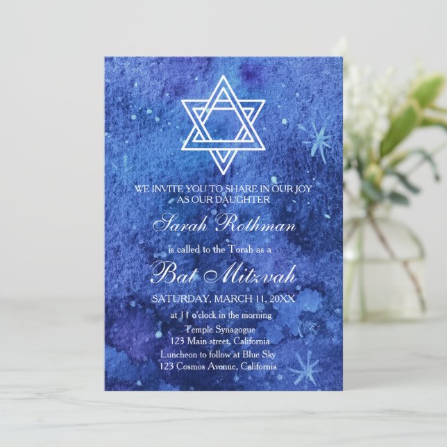 Convites Estrela de David Elegante Simples Azul Bat Mitzvah (Em pé/Frente)