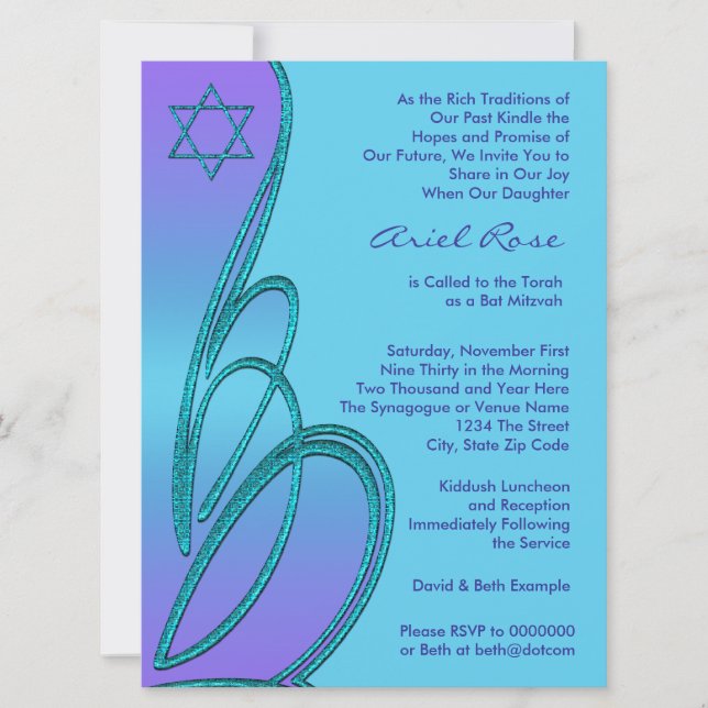 Convites Estrela de David Roxo Azul Turquesa Bat Mitzvah (Frente)