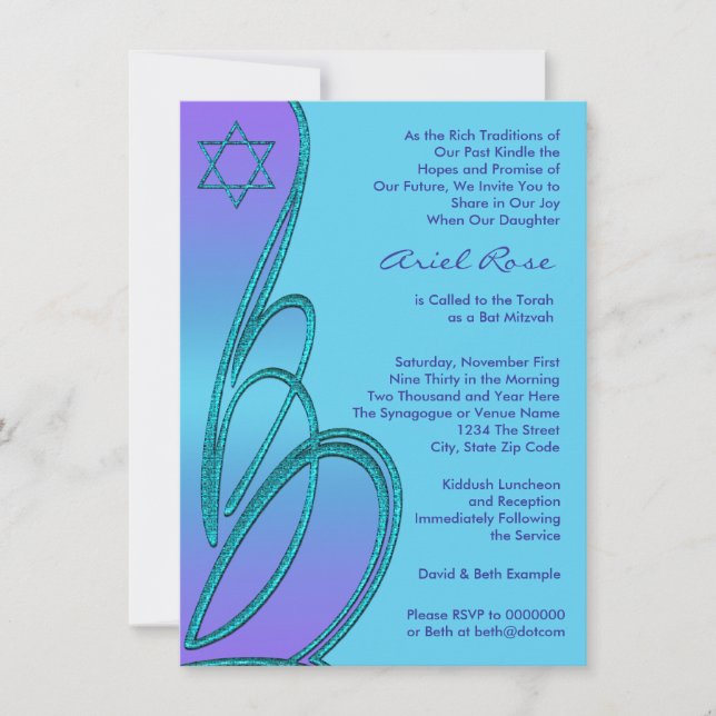 Convites Estrela de David Roxo Azul Turquesa Bat Mitzvah (Frente)