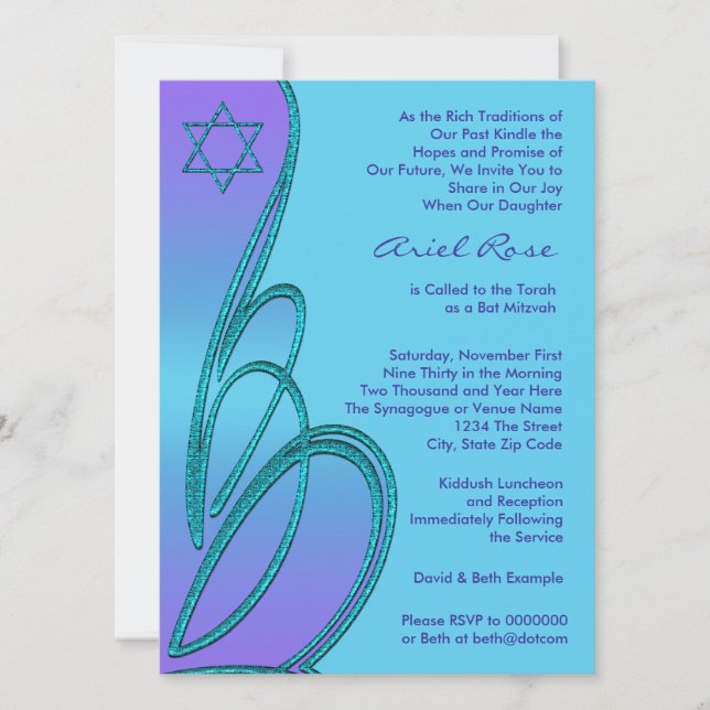 Convites Estrela de David Roxo Azul Turquesa Bat Mitzvah (Frente)