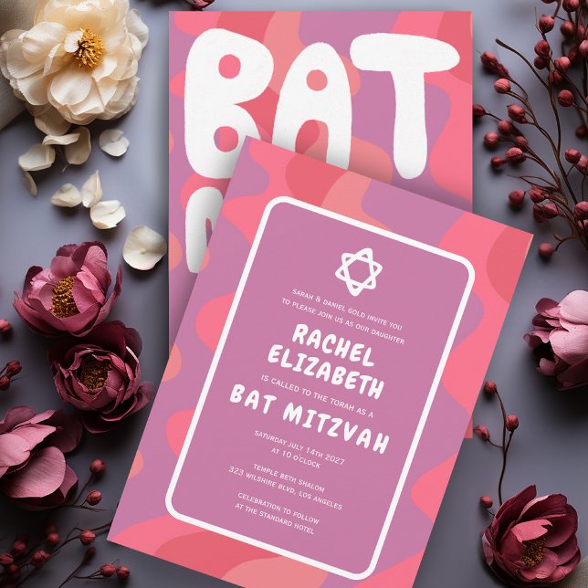 Convites Estrela de Ondas Rosa Groovy de David Custom Bat M (Groovy Pink Purple Waves Star of David Custom Bat Mitzvah Handlettering Invitation Colorful  Cute)