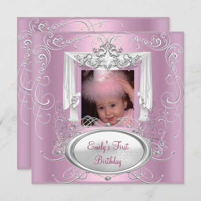 Convites Estrela de Prata Rosa Rosa da Primeira Festa de an (Frente/Verso)