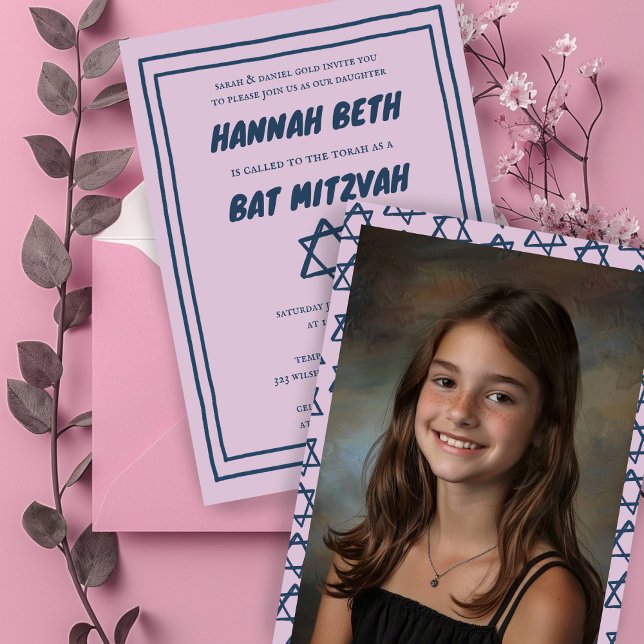 Convites Estrela do Bar do David Custom Photo B'nai Bat Mit (Star of David Custom Photo B'nai Bat Bar Mitzvah Invitation
Pink Simple Minimalist)