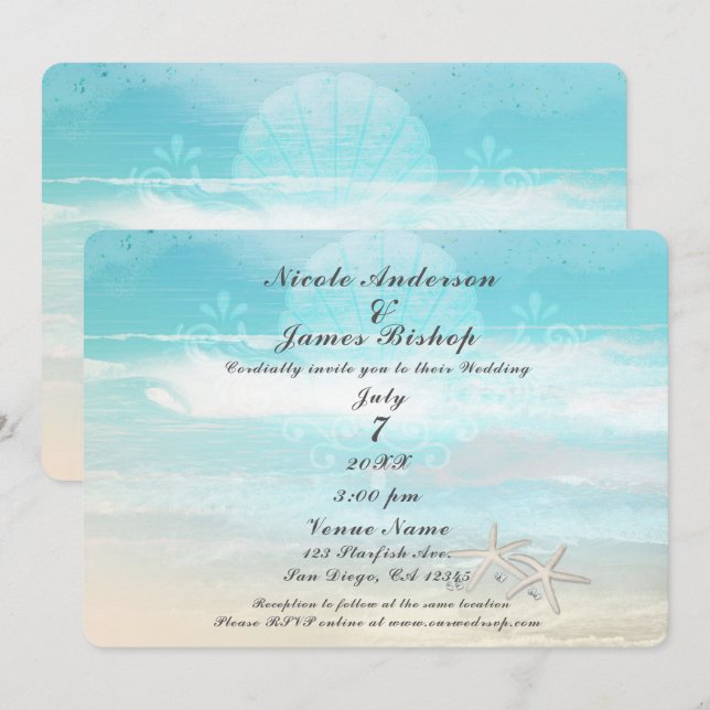 Convites Estrela-do-Mar Branca da Praia Casamento de Verão  (Frente/Verso)