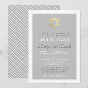 Convites ESTRELA Dourada do bar DAVID mitzvah cinza simples