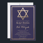 Convites Estrela Elegante de David: Bat Moderno Mitzvah<br><div class="desc">Celebre o dia especial do seu filho com o nosso convite do morcego moderno e elegante. O design apresenta uma estrela de folha de ouro falsa impressa de David e borda, colocada contra um simples fundo azul marinho adornado com a tipografia cursiva do ornamentado. Este convite chico, bonito, minimalista e...</div>