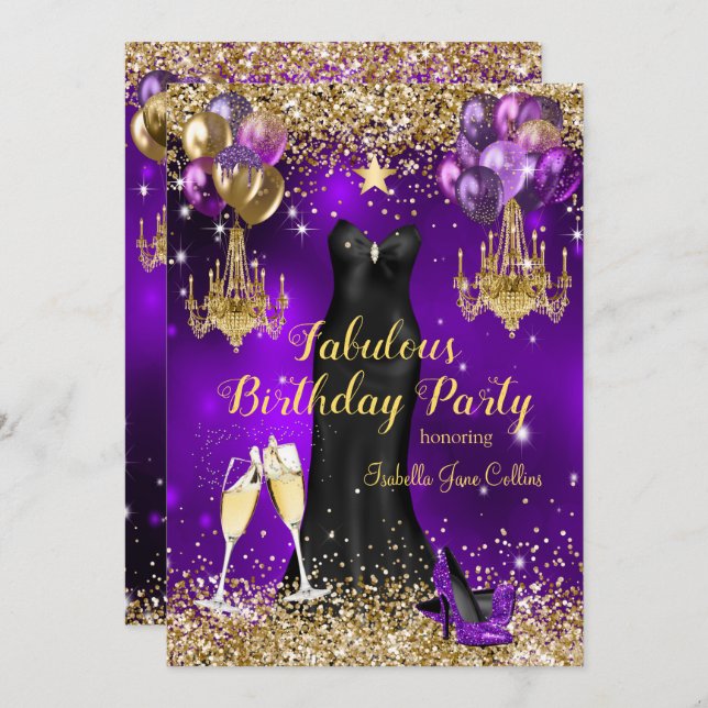 Convites Estrela Fabulosa de Celebração Roxo de Aniversário (Frente/Verso)