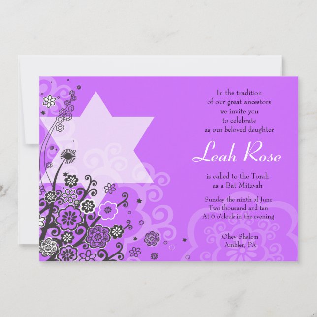 Convites Estrela Floral de David Bat Mitzvah Convidando Vio (Frente)