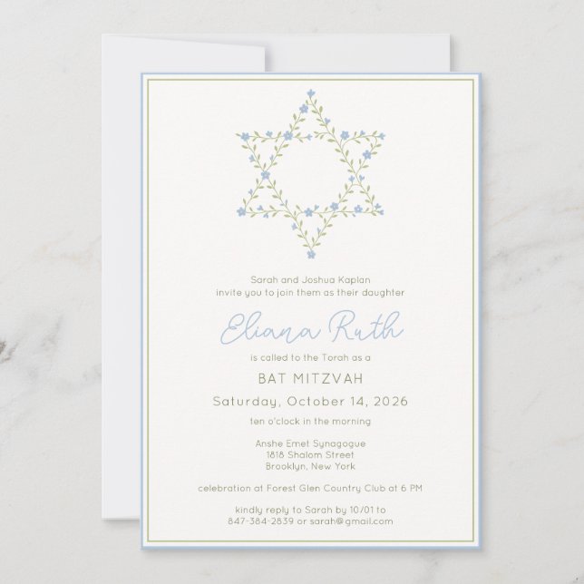 Convites Estrela Floral Judaica Elegante de David Bat Mitzv (Frente)