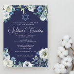 Convites Estrela Floral marinho de David Bat Mitzvah<br><div class="desc">Lindas flores brancas de pedônia e folhas verdes de aquarela formam uma elegante borda neste bonito convite azul floral Bat Mitzvah. O nome da sua filha está escrito em chic, caligrafia branca nesta cerimônia ou convite de festas sob uma Estrela de David para uma família judia celebrando uma garota sendo...</div>