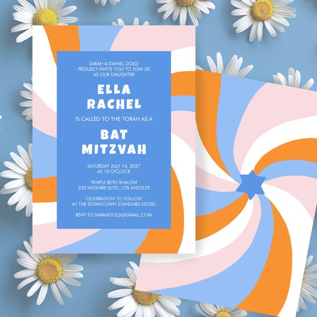 Convites Estrela giratória moderna do Bar personalizado Dav (Modern Swirl Star of David Custom Bar Bat Mitzvah Invitation Colorful Bold Stripes Orange Blue)