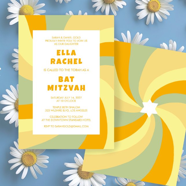 Convites Estrela giratória moderna do Bar personalizado Dav (Modern Swirl Star of David Custom Bar Bat Mitzvah Invitation Groovy 70s Cheerful Bold
)
