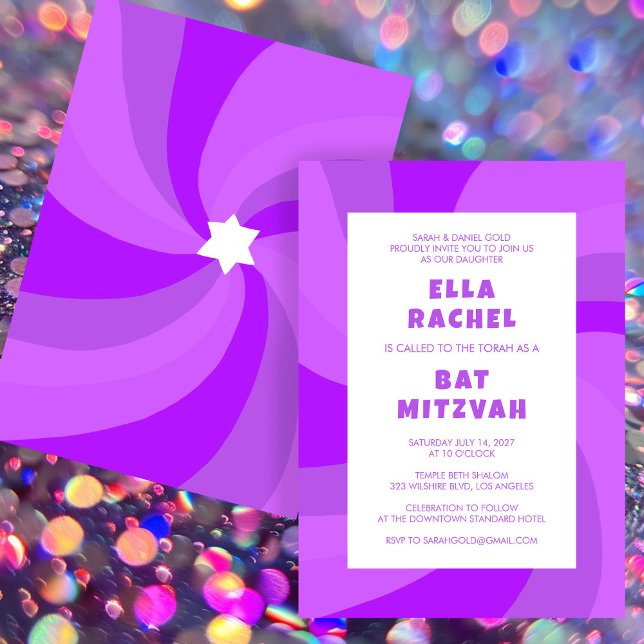 Convites Estrela giratória moderna do Bar personalizado Dav (Modern Swirl Star of David Custom Bar Bat Mitzvah Invitation Purple Colorful Bold
)