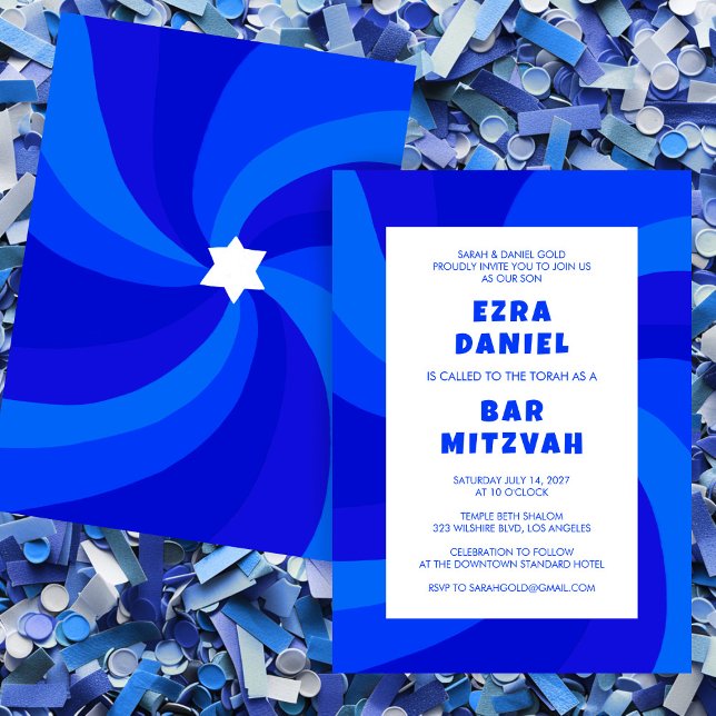 Convites Estrela giratória moderna do Bar personalizado Dav (Modern Swirl Star of David Custom Bar Bat Mitzvah Invitation BLue
)