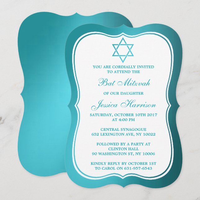 Convites Estrela Judaica Metálica De David Bat Mitzvah (Frente/Verso)