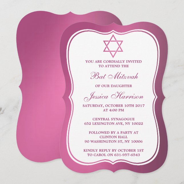 Convites Estrela Judaica Metálica Rosa De David Bat Mitzvah (Frente/Verso)