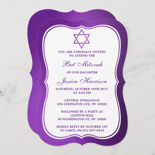Convites Estrela Judaica Roxa Metálica De David Bat Mitzvah (Frente/Verso)