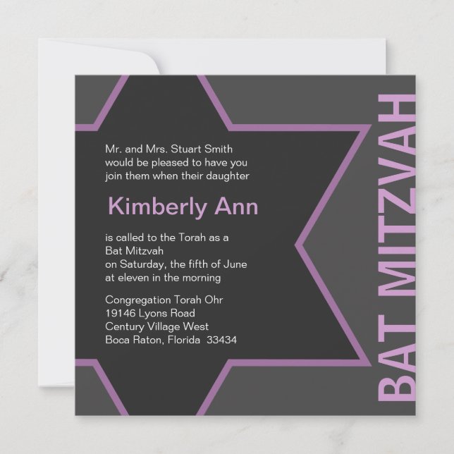 Convites Estrela Moderna de David Bat Mitzvah - Cinza e Ros (Frente)