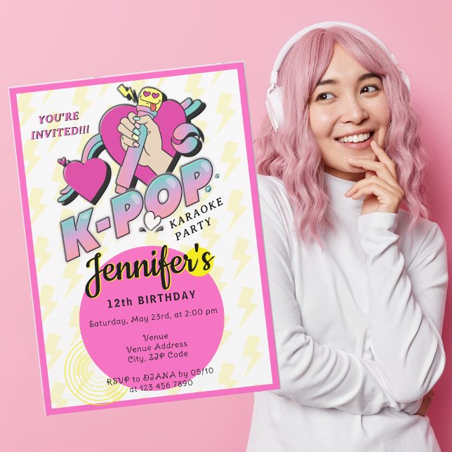 Convites Estrela Musical K-Pop Coreana Festa de Aniversário (K-Pop Korean Music Star Trendy Kpop Girly Teen Tween Birthday Party Invitation Girl Karaoke party)