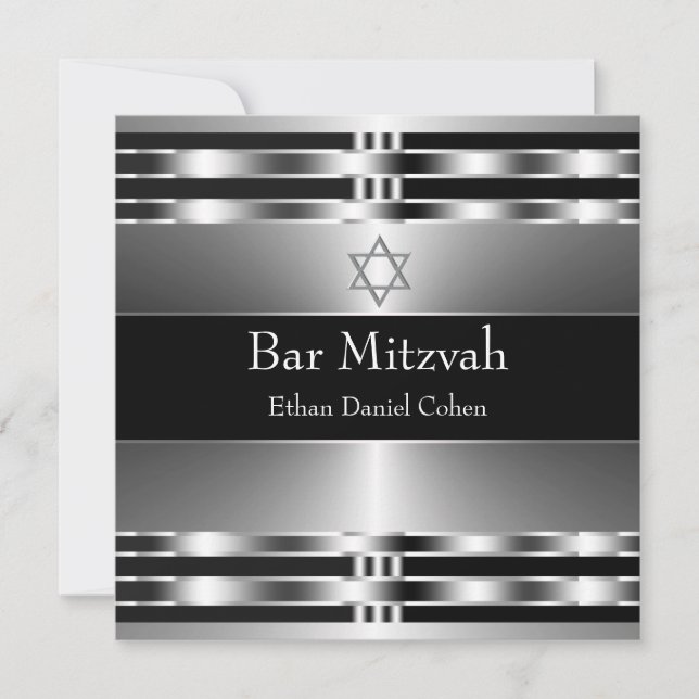 Convites Estrela Negra de Davi Bar Mitzvah Prata (Frente)