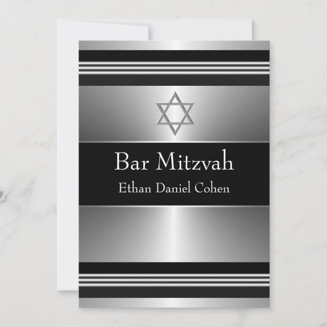 Convites Estrela Negra de Davi Bar Mitzvah Prata (Frente)