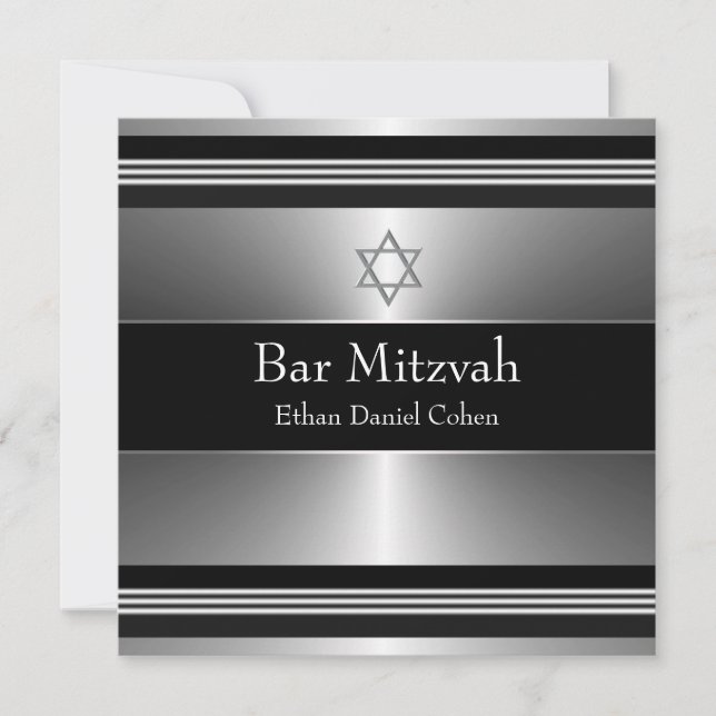 Convites Estrela Negra de Davi Bar Mitzvah Prata (Frente)