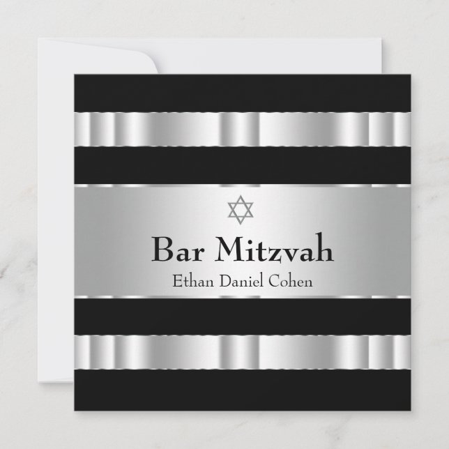 Convites Estrela Negra de Davi Bar Mitzvah Prata (Frente)