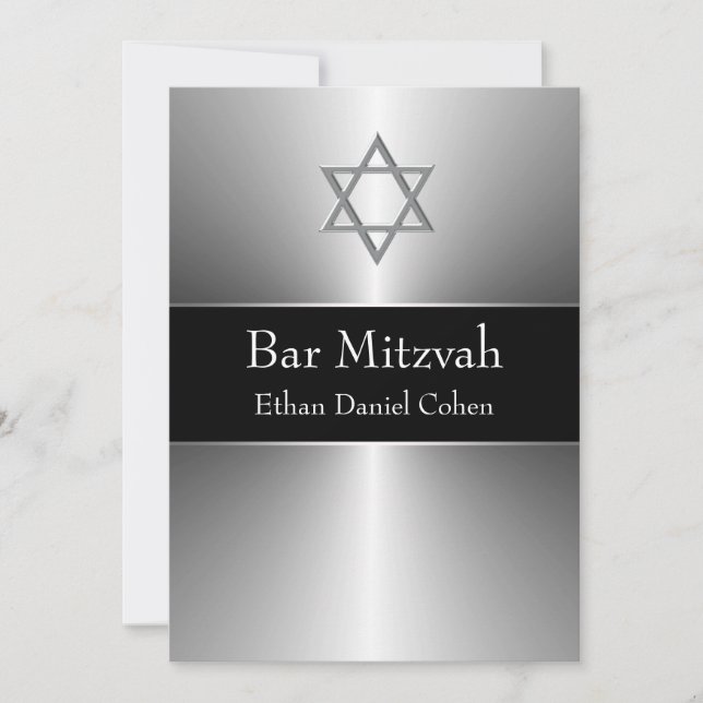 Convites Estrela Negra de Davi em Prata Bar Mitzvah (Frente)