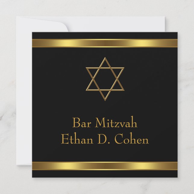 Convites Estrela Negra de David Bar Mitzvah Dourada (Frente)