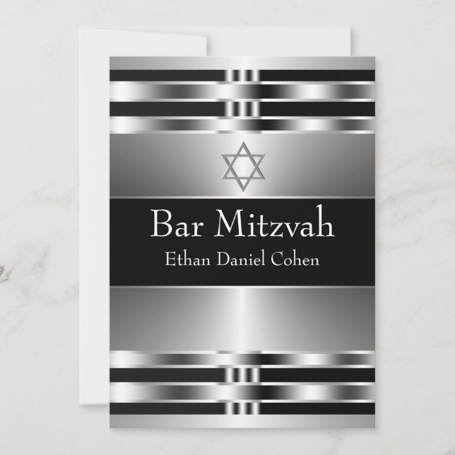 Convites Estrela Negra de David Bar Mitzvah Prata (Frente)