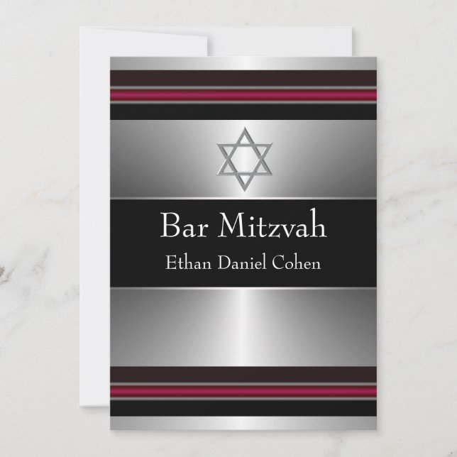 Convites Estrela Negra Vermelha Prata de Davi Bar Mitzvah (Frente)