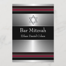 Convites Estrela Negra Vermelha Prata de Davi Bar Mitzvah