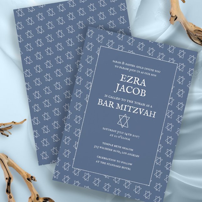 Convites Estrela Simples de David Personalizada B'nai Bat B (Simple Star of David Pattern Minimalist Elegant Custom B'nai Bat Bar Mitzvah Invitation Blue White
)