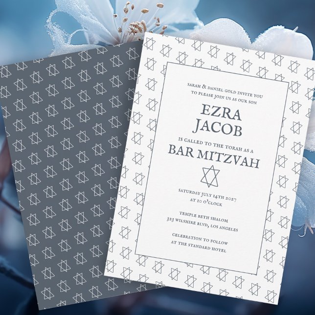 Convites Estrela Simples de David Personalizado B'nai Bat B (Simple Star of David Pattern Minimalist Elegant Custom B'nai Bat Bar Mitzvah Invitation Blue White
)