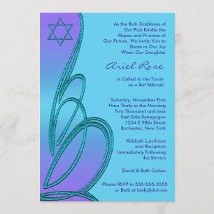 Convites Estrela Teal Roxa de David Bat Mitzvah