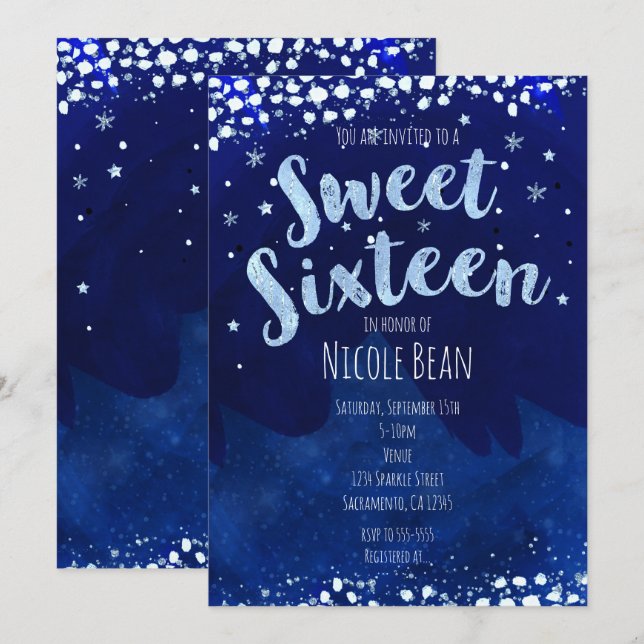 Convites Estrelados do Sweet 16 Azul Inverno Mágic (Frente/Verso)