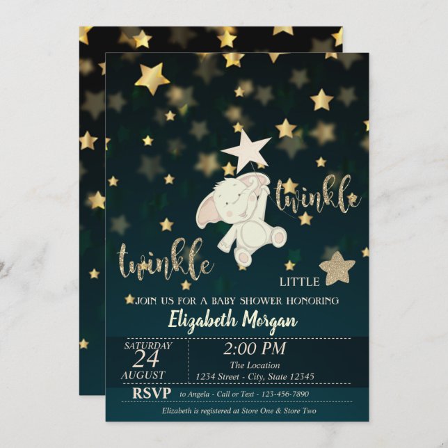 Convites Estrelar preto, Dourado, Chá de fraldas do urso (Frente/Verso)