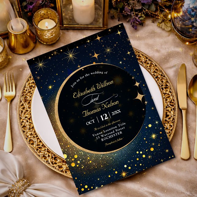 Convites Estrelas Azuis da Meia-Noite Lua Halo Celestial Ca (Criador carregado)