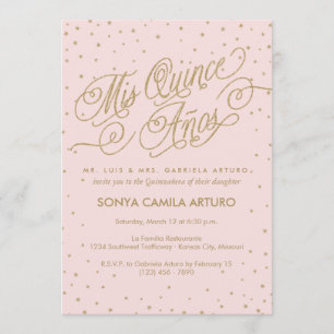 Convites Estrelas Bonito cor-de-rosa e Douradas Quinceañer