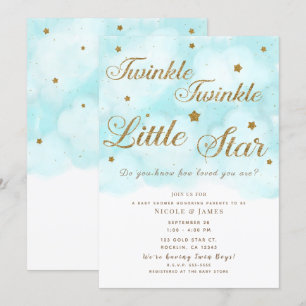 Convites Estrelas Brilhantes Douradas e Nuvens no Céu Azul 