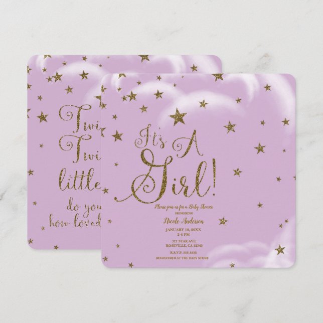 Convites Estrelas Brilhantes Dourado Roxo É Uma Menina Chá  (Frente/Verso)