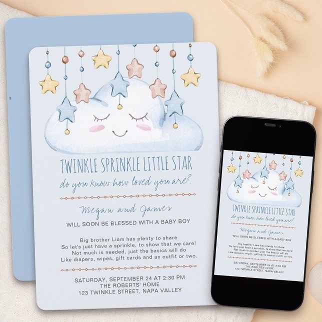Convites Estrelas Brilhantes e Nuvem Menino Bebê Chuveirinh (Twinkle twinkle little star baby sprinkle invitation for a baby boy)