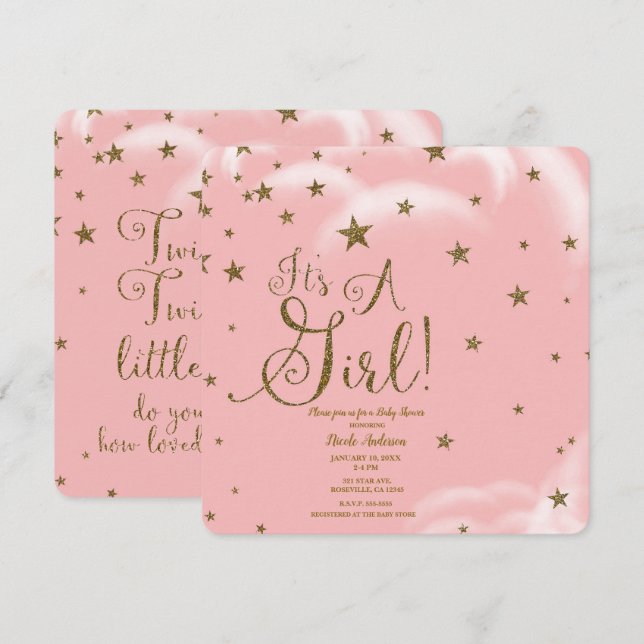 Convites Estrelas Brilhantes Rosa e Dourado É uma Menina Ch (Frente/Verso)