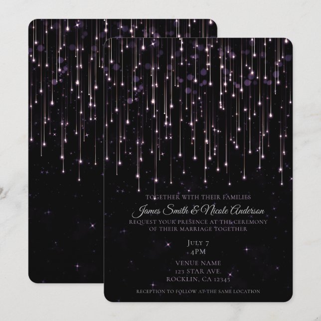 Convites Estrelas Cadentes Cintilantes Roxo Chic Casamento  (Frente/Verso)