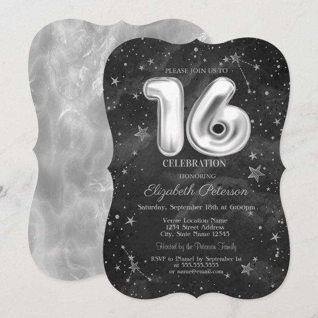 Convites Estrelas Cinza da Moda Sweet 16  (Frente/Verso)