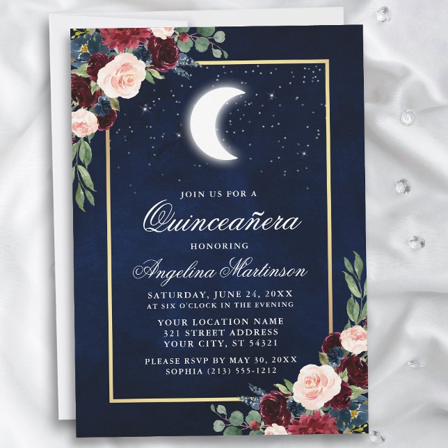 Convites Estrelas da Lua Celestiais Quinceanera Dourada Flo (Customize to add text or a photo to back of card.)